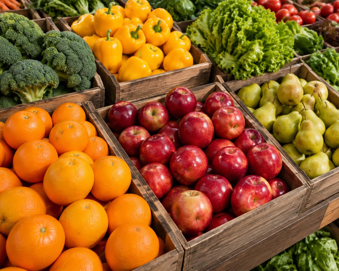Fresh apples, oranges, pears and vegetables arranged in wooden market bins